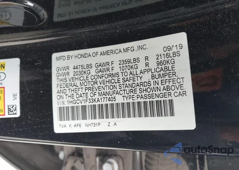 2019 Honda Accord Sport z USA, uszkodzony, nr VIN 1HGCV1F33KA177405